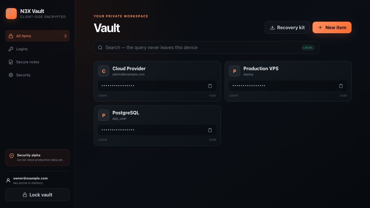 Encrypted vault view in N3X Vault